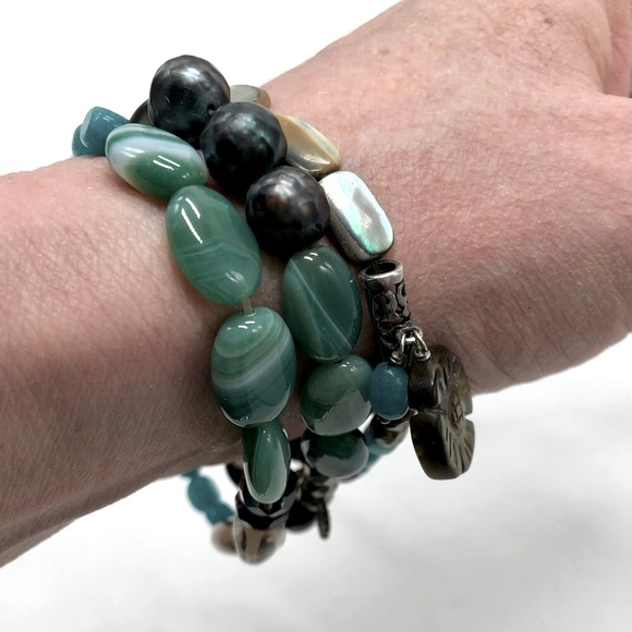 3 Teal Blue/Green Silpada Smokey Quartz Elastic Stretch Bead Bracelets - Picture 3 of 9